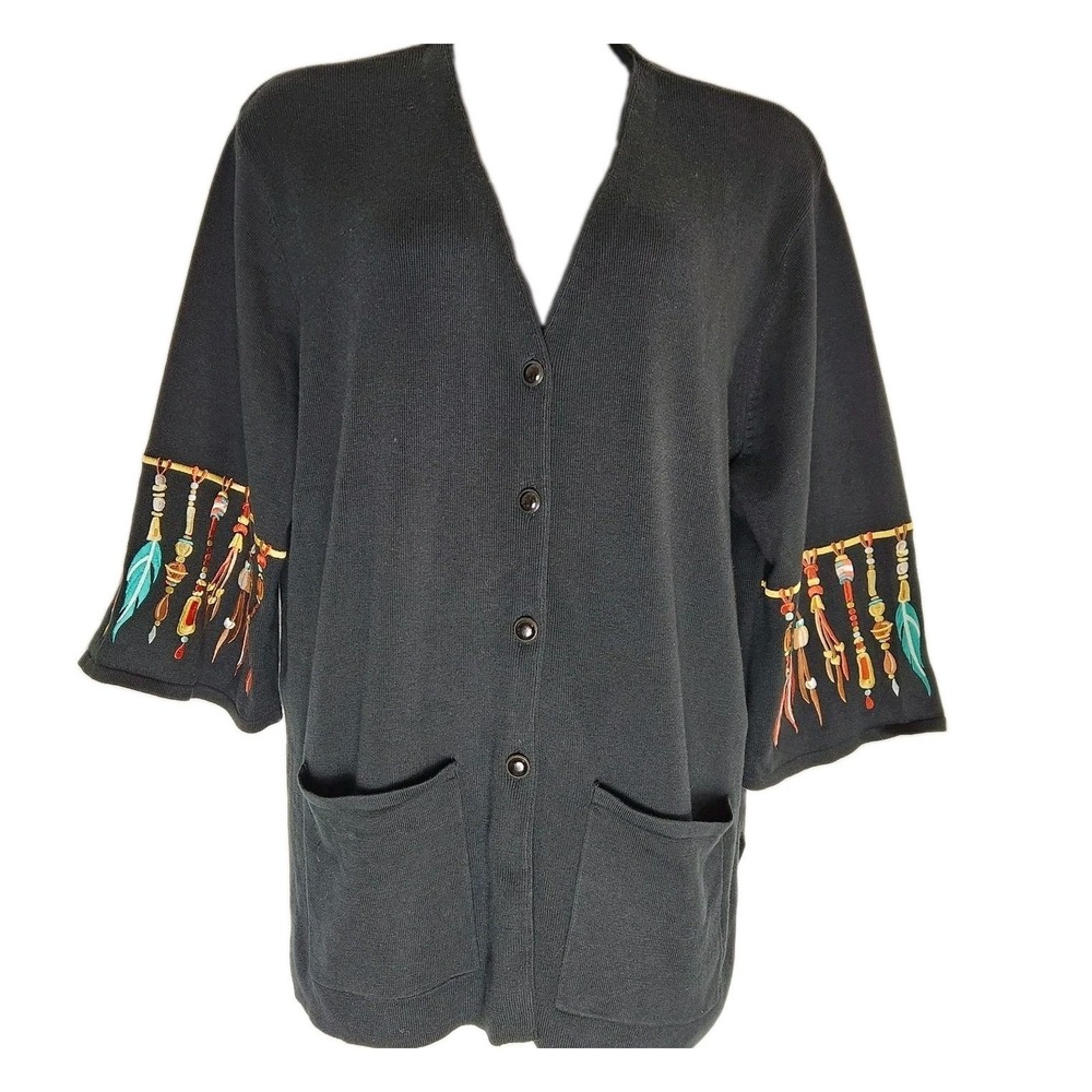 Bob Mackie Wearable Art 2X Cardigan Dreamcatcher Tribal Feather Boho Embroidered